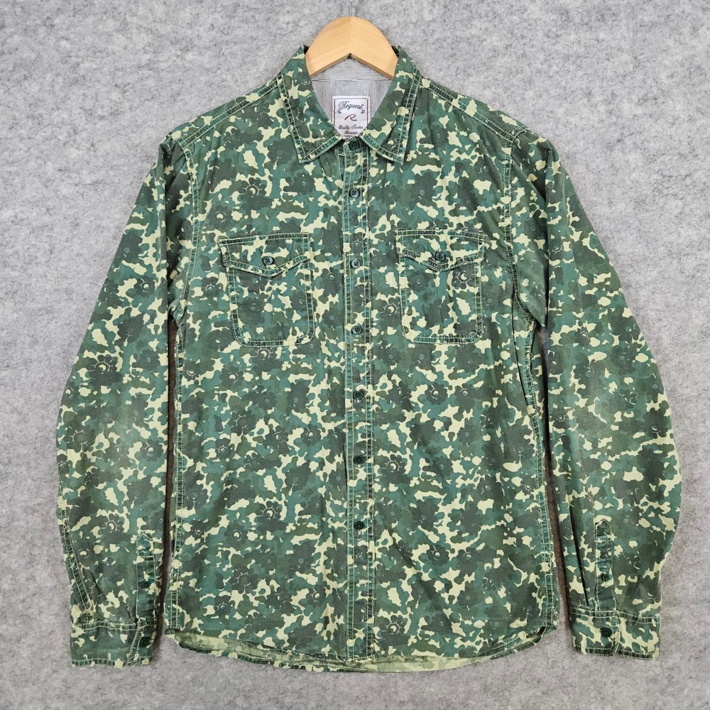 Request Men's Green Camo/Floral‎ Shirt Size M 100% Cotton Button Flap Pockets